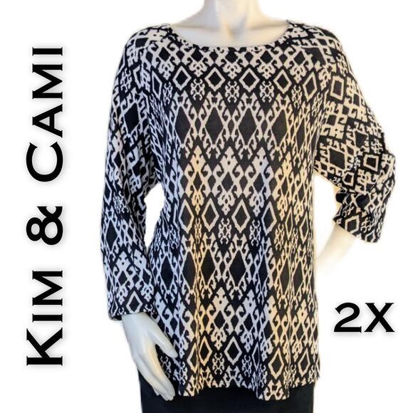 Kim & Cami Black White Geometric Lightweight Sweater 3/4 Raglan Sleeves Size 2X - Picture 1 of 7